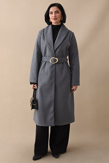 InStyle Shawl Collar Gold Belted Anthracite Cashmere Coat
