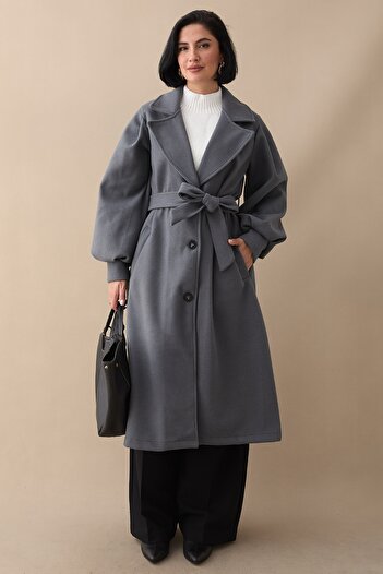 InStyle Double-Breasted Balloon Sleeve Belted Gray Cashmere Coat