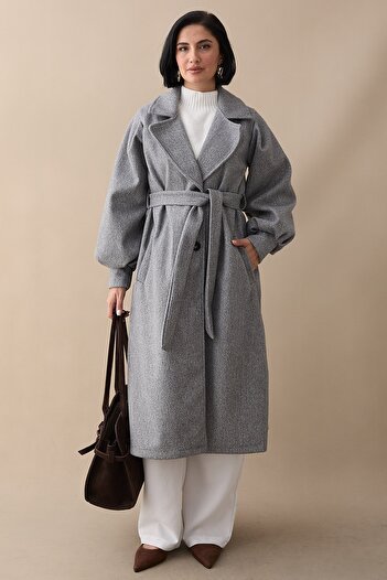 InStyle Double-Breasted Balloon Sleeve Belted Off-White Light Gray Cashmere Coat