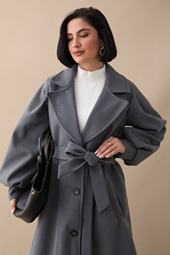 InStyle Double-Breasted Balloon Sleeve Belted Gray Cashmere Coat