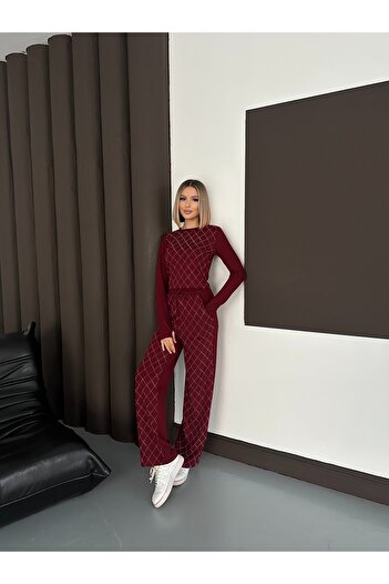 MODAMERSİ Women's Burgundy Stone Printed Diamond Patterned Modal Set