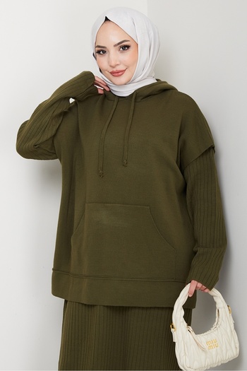 Bestenur Hooded Tunic Dress Knitwear Set 1645 - Khaki