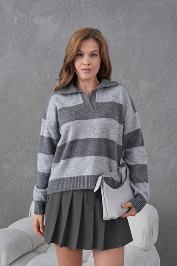 Miss Allos Women's Shirt Collar Striped Knitwear Sweater