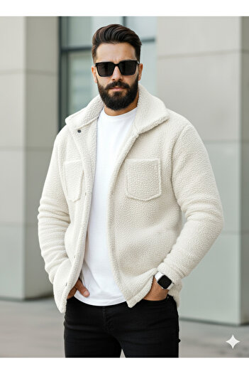 Teenage Millionaire Erkek Ekru Beyaz Peluş Tüylü Gömlek Yaka Modeli Düğmeli Ceket Hırka Mont Sweatshirt Polar