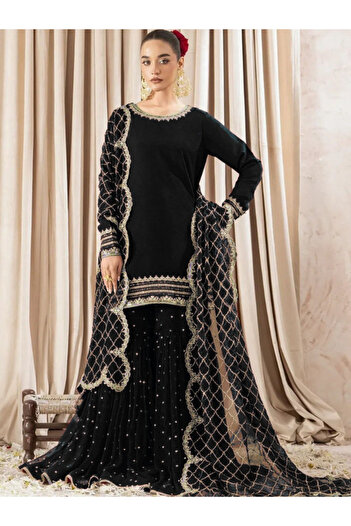 MYSMAR Black Faux Gorgette Salwaar Kameez Dupatta - HRT2773 | Black