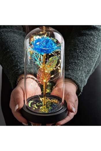 zola Decorative blue rose with golden hues, glass dome and LEDs, diameter 9 cm, 22 x 11 cm