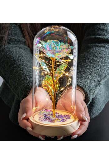 zola Decorative rose in golden shades, glass dome, LEDs, diameter 9 cm, 22 x 10.5 cm