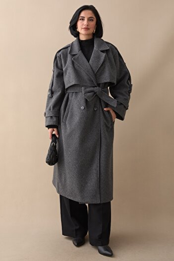 InStyle Oversized Dark Gray Cashmere Coat with Epaulettes and Belt