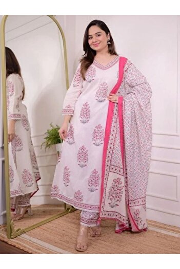 MYSMAR White Viscose Cotton Salwaar Kameez Dupatta - ALV1179 | White