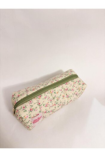 girlsybags Pıtırcık Çiçekli Tek Gözlü Kalemlik Yıkanabilir Yeşil Fermuarlı Okul Kalem Kutusu Bej Kalemlik