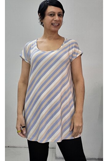 Mertcan Butik Blue Latte Cream Striped Size Fits All Low-Sleeve Combed Viscose T-Shirt