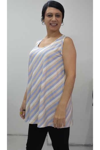 Mertcan Butik Blue Latte Cream Striped Thick Strap Combed Viscose T-Shirt