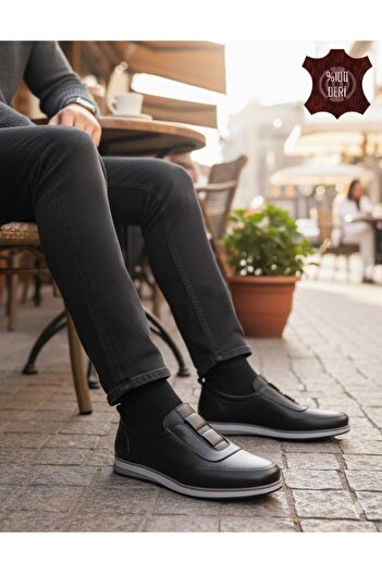 DETECTOR Men's Genuine Leather Black Casual Slip-On Shoes, Comfortable Sole, Modern Design