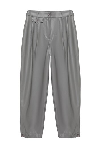 Quzu Pile Detailed Leather Trousers Gray