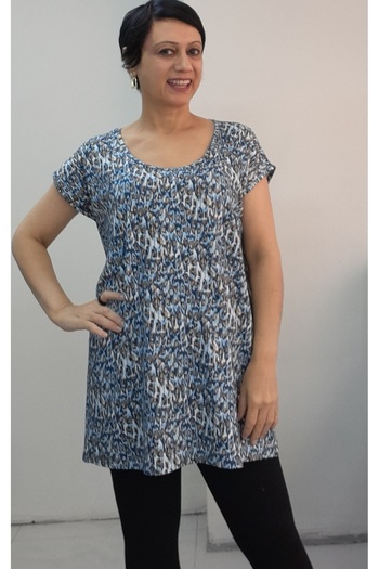 Mertcan Butik Blue Latte Indigo Patterned Size Fits All Low-Sleeve Combed Viscose T-Shirt