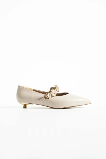 diclepolat Women's Thin Strap Accessory Detailed Casual Low Heel Ballerina Shoes Vikas Beige
