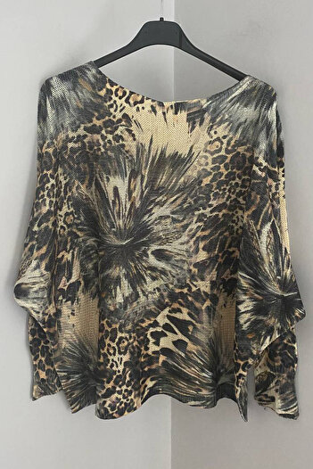 AYASOFYA OTANTIK Women's Italian Khaki Green Glitter Splash Camouflage Patterned Bat Sleeve Mercerized Blouse Sweater