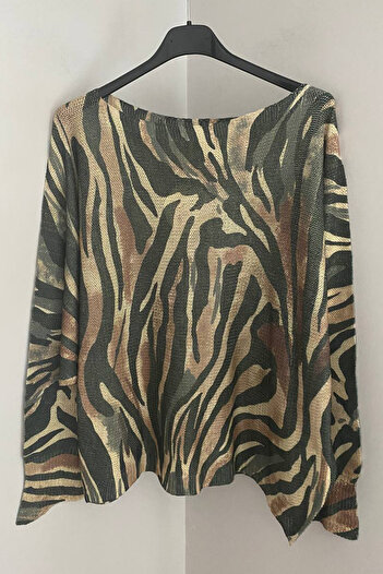 AYASOFYA OTANTIK Women's Italian Khaki Silvery Zebra Patterned Bat Sleeve Mercerized Blouse Sweater