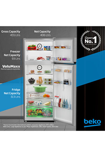 Beko Refrigerator 455L Gross(406L Net) Capacity, Neo Frost Dual Cooling, Low Noise, RDNG455S(Silver)
