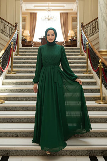 Neva Style Balloon Sleeve Green Hijab Dress 5796Y