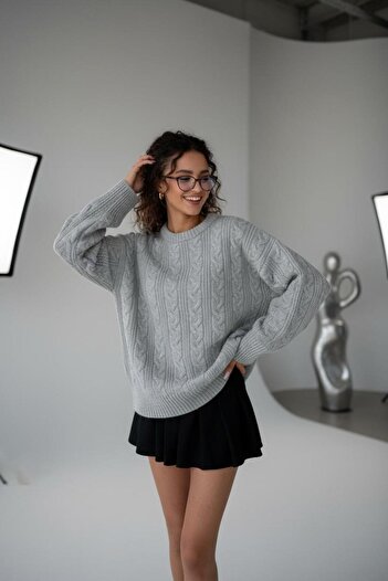 Bliss Women's Oversized Knitwear Sweater - Soft Textured Crew Neck with Hair Braid Detail