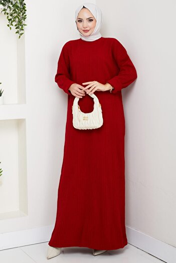hafsamina Corded Fabric Knitwear Dress Red Hm2247