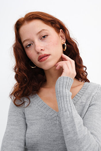 Addax Front and Back V-Neck Knitwear Sweater K3395-D12