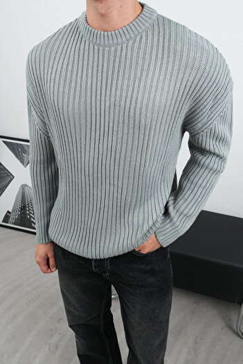 Thebomb Oversized Crew Neck Corded Fabric Knitwear Sweater