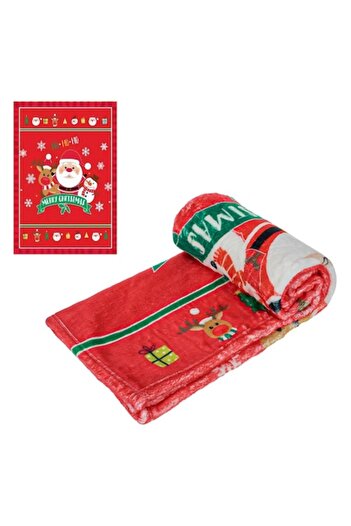 SHOPIENS Children's Christmas Blanket - Santa with Reindeer and Snowman, Red, 80x90 cm, Polyester