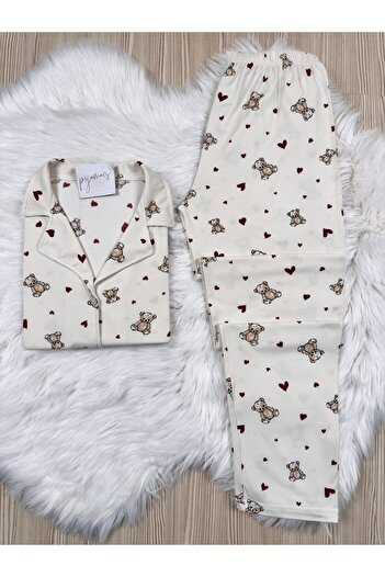 Pijamacs Burgundy Heart Detailed Teddy Bear Patterned Long Sleeve Soft Feeling Pajama Set