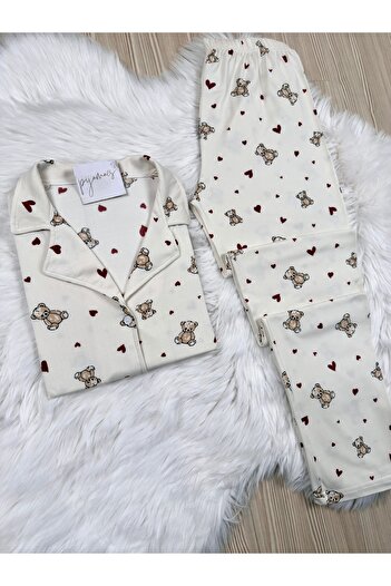 Pijamacs Burgundy Heart Detailed Teddy Bear Patterned Long Sleeve Soft Feeling Pajama Set