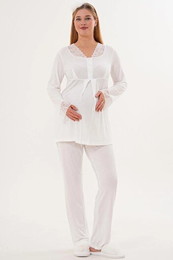 BLACKMORE Women's Ecru Shawl Collar Lace Design Cotton Full Length Maternity Pajama Set with Dressing Gown 3-Piece Pajama Set