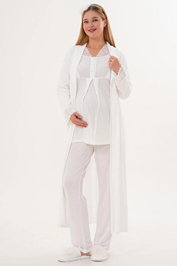 BLACKMORE Women's Ecru Shawl Collar Lace Design Cotton Full Length Maternity Pajama Set with Dressing Gown 3-Piece Pajama Set