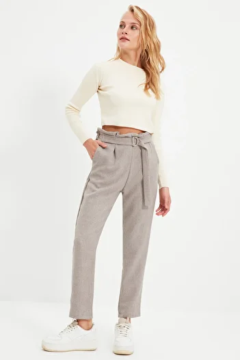 Trendyol Collection Graue gewebte Zigarettenhose zum Binden TWOAW21PL0316