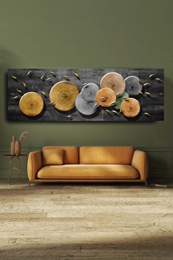 Blok Design Dekoratif Soyut Altın Balıklar Ve Odun Sürreal Kanvas Duvar Tablosu 120x40cm Büyük Boy Tablo