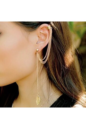 MisBoho Gold Color Leaf Figured Chain Cartilage Earrings