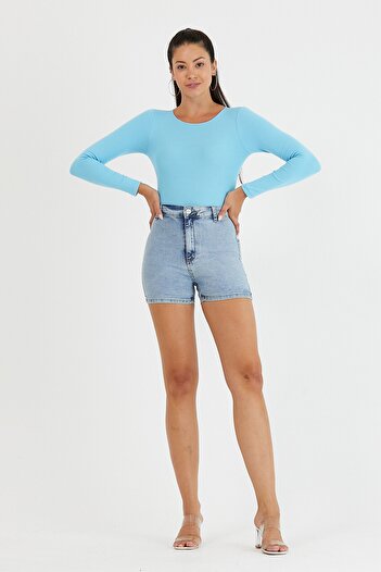 UNV COLLECTION Kadın Mavi Çıtçıtlı Uzun Kollu Zıbın Bluz