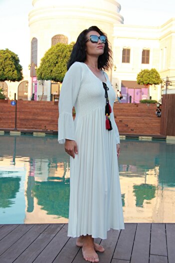 Bohemian Kadın Beyaz Gipeli Bele Oturan Uzun Kollu Elbise