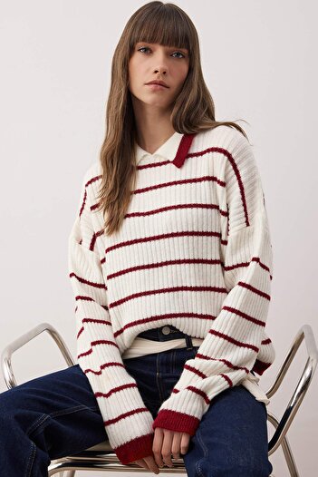 Trendyol Collection White Polo Neck Striped Knitwear Sweater Twoaw26Kz00268