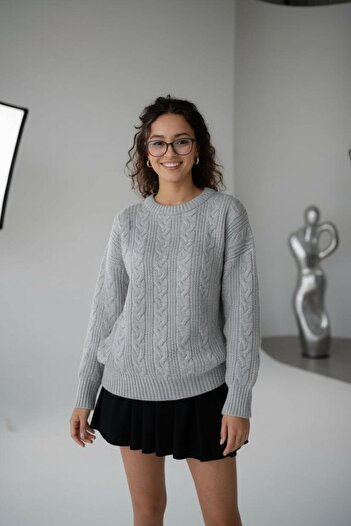 Bliss Women's Oversized Knitwear Sweater - Soft Textured Crew Neck with Hair Braid Detail