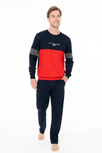 U.S. Polo Assn. Men's 2 Thread Woven Bottom Top Set, Crew Neck, Long Sleeves, Pockets, Straight Leg