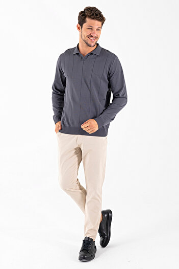 JB John Borners Men's Polo Neck Wide Stripe Knit Sweater Anthracite - K-2603