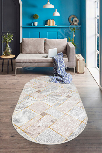 Dijidekor Embos Oval Fringeless Carpet Light Vi̇zon Erasable Floor Mat 150X200