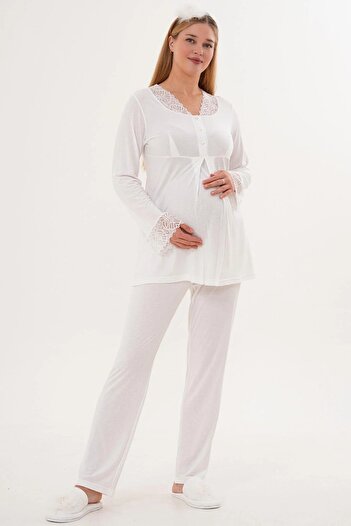 BLACKMORE Women's Ecru Special Lace Design Long Sleeve Maternity Pajama Set