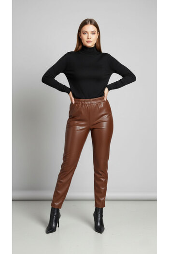 SUHIS Women's Brown Faux Leather Pants