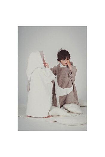 indiggo Children's Hooded Poncho Robe White with Brown Moon, Handmade, 100% Cotton, 1-4 Years