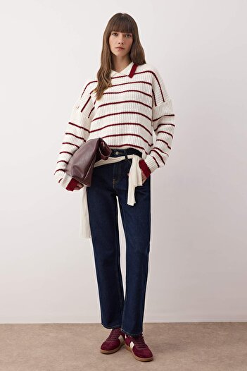 Trendyol Collection White Polo Neck Striped Knitwear Sweater Twoaw26Kz00268