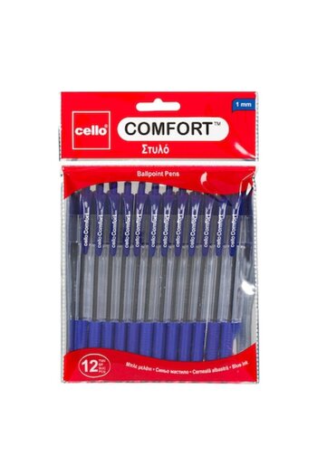 SHOPIENS Set pixuri cu bilă Cello Comfort, corp transparent, prindere albastră, vârf de 1,0 mm, 12 piese