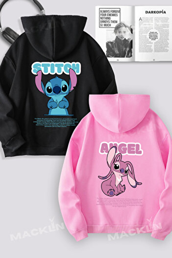 darkopia Dear Couple Combination Cute Stitch and Angel Back Printed Design Hooded Sweatshirt 2-Piece Set