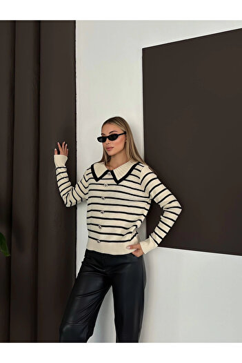 Lusin Women's Ecru Striped Peter Pan collar Detailed Knitwear Blouse